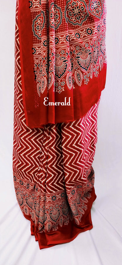 Modal Silk Leheriya Ajrakh Saree