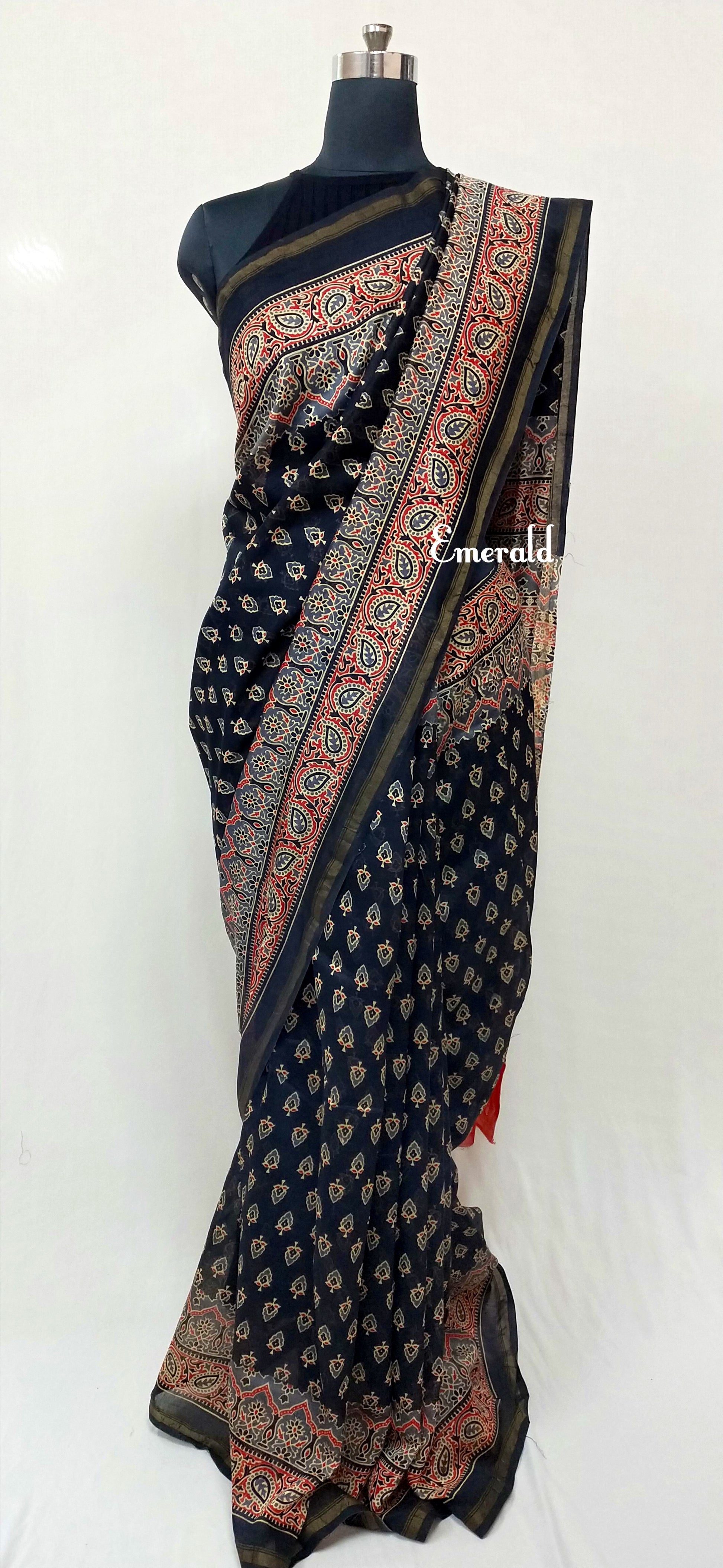 An ancient craft, the history of the Ajrakh can be traced back to the civilizations of the Indus Valley that existed around 2500 BC-1500 BC. Here we have a stunning black screen printed Ajrakh on handwoven Chanderi. Mix and match with our khun blouses for creating unique ensembles.