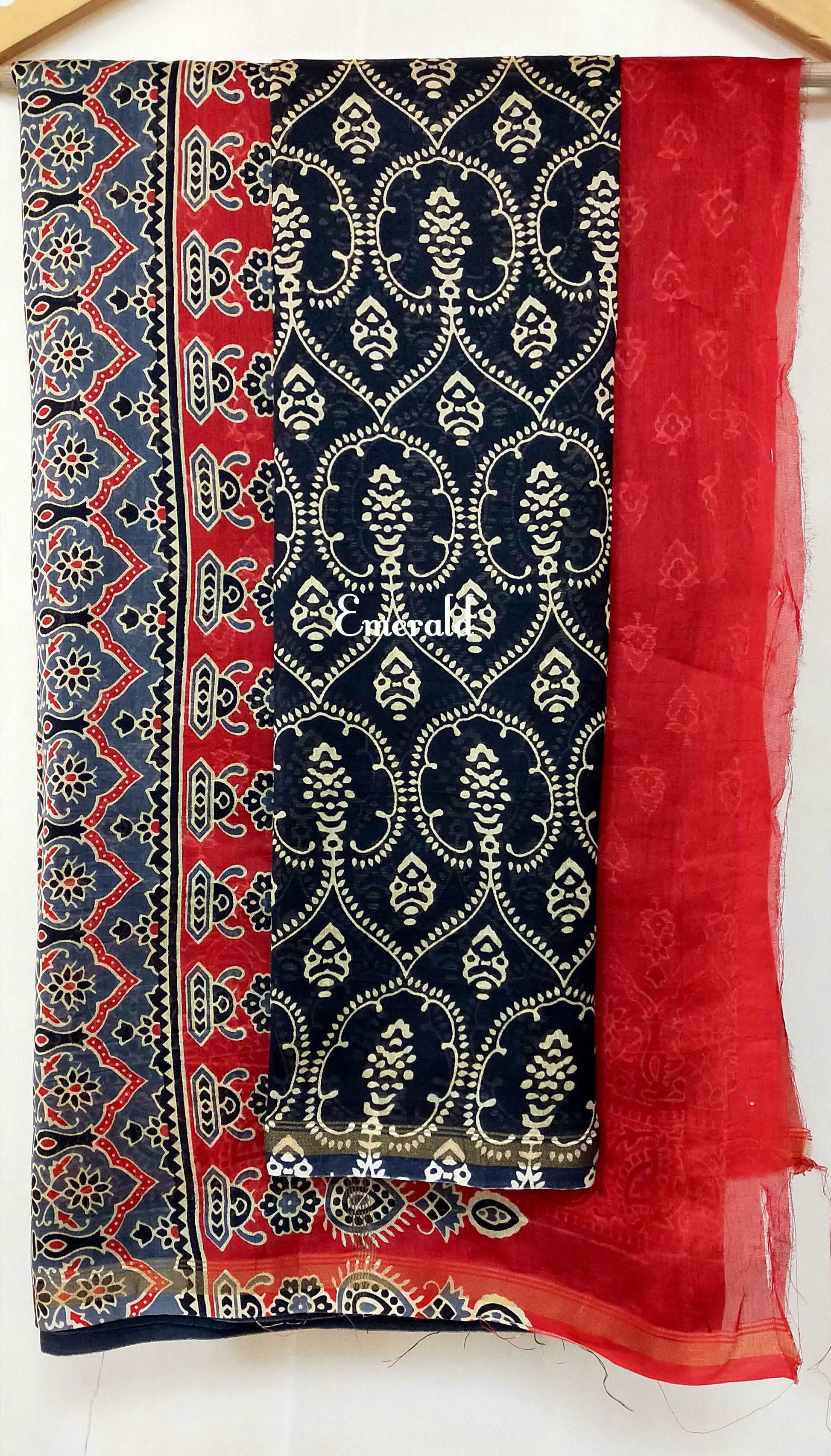 An ancient craft, the history of the Ajrakh can be traced back to the civilizations of the Indus Valley that existed around 2500 BC-1500 BC. Here we have a stunning black screen printed Ajrakh on handwoven Chanderi. Mix and match with our khun blouses for creating unique ensembles.