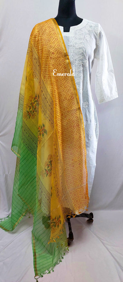 A beautiful, super light weight, hand printed kota silk Dupatta. Shaded orange and green with hand printed floral designs. Has a beautiful thin golden border, makes it a great accessory for occasion wear.
Dupatta length-2.5m
Dupatta width-35.5in
Wash care- Dry Clean only.