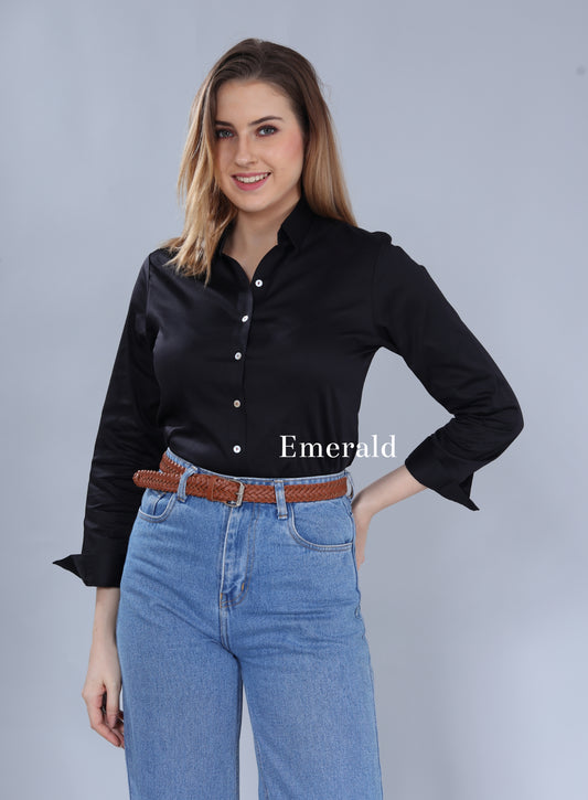 Neat, formal black shirt for women in premium cotton. Button stitch detailing in red. Regular collars and long sleeves with cuffs. Curved hem. Pair it with formal black/beige trousers/ skirt for the complete office look, or even your denims! Fabric detail-Cotton-98% Spandex-2%Wash Care-Can be machine washed.