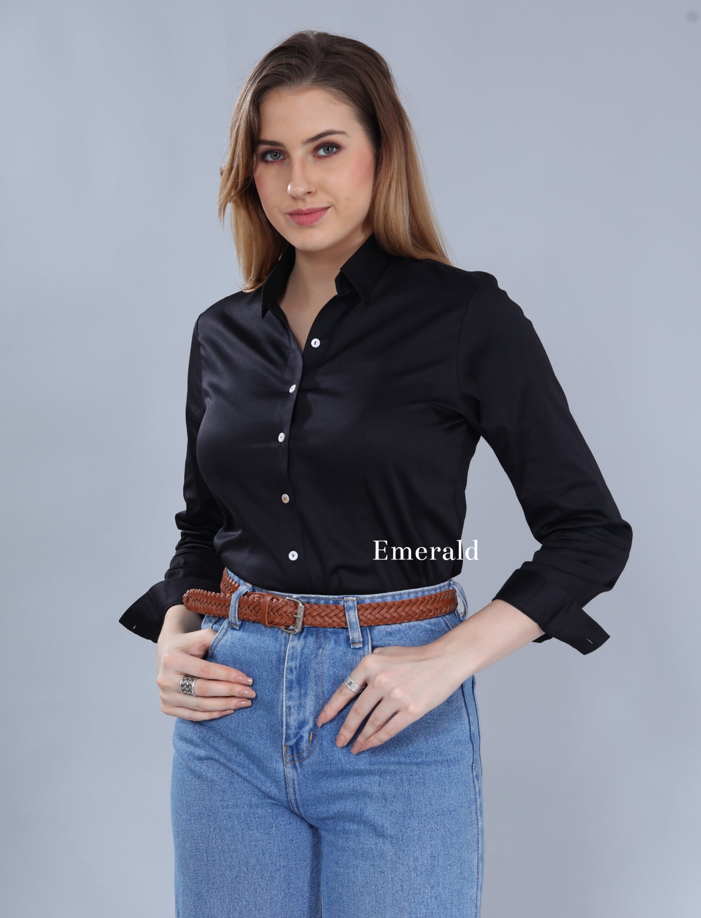 Neat, formal black shirt for women in premium cotton. Button stitch detailing in red. Regular collars and long sleeves with cuffs. Curved hem. Pair it with formal black/beige trousers/ skirt for the complete office look, or even your denims! Fabric detail-Cotton-98% Spandex-2%Wash Care-Can be machine washed.