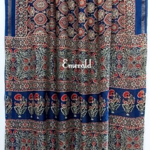 Traditionally, Ajrakh is the name of a block printed cloth with deep crimson red and indigo blue background, bearing symmetrical patterns with interspersed unprinted sparkling white motifs. Here we have a stunning blue screen printed Ajrakh on handwoven Chanderi. Mix and match with our  ready to wear blouses for  creating unique ensembles.