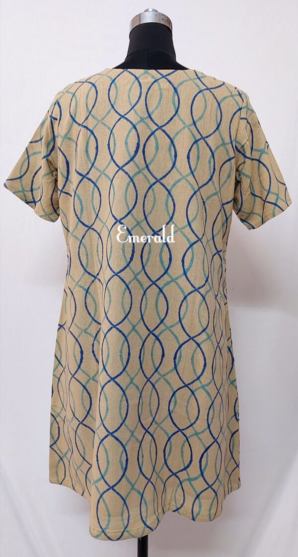 A handwoven, handprinted khaadi cotton dress for the summers! Fully lined and A- line. Two patch pockets in the front. There's enough margin on the sides to increase the size. Dress details: Length- 36in Shoulders- 15in Sleeve length- 9.5in Chest- 44in Waist- 44in Hips-54in Wash Care- Dry Clean Only.